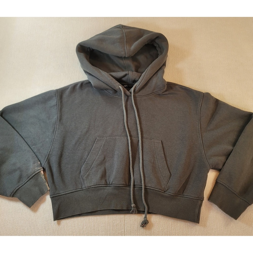 Zara Womens Cropped Sweatshirt Large Gray Hoodie Bleach Stains Pullover